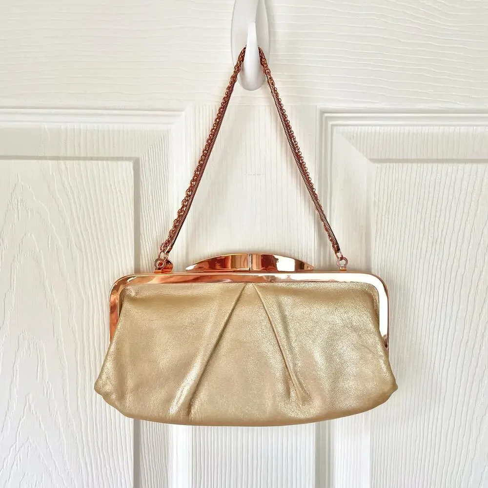 HOBO THE ORIGINAL Hayley Metallic Leather Wallet Clutch Pearl Beige w/ Rose Gold